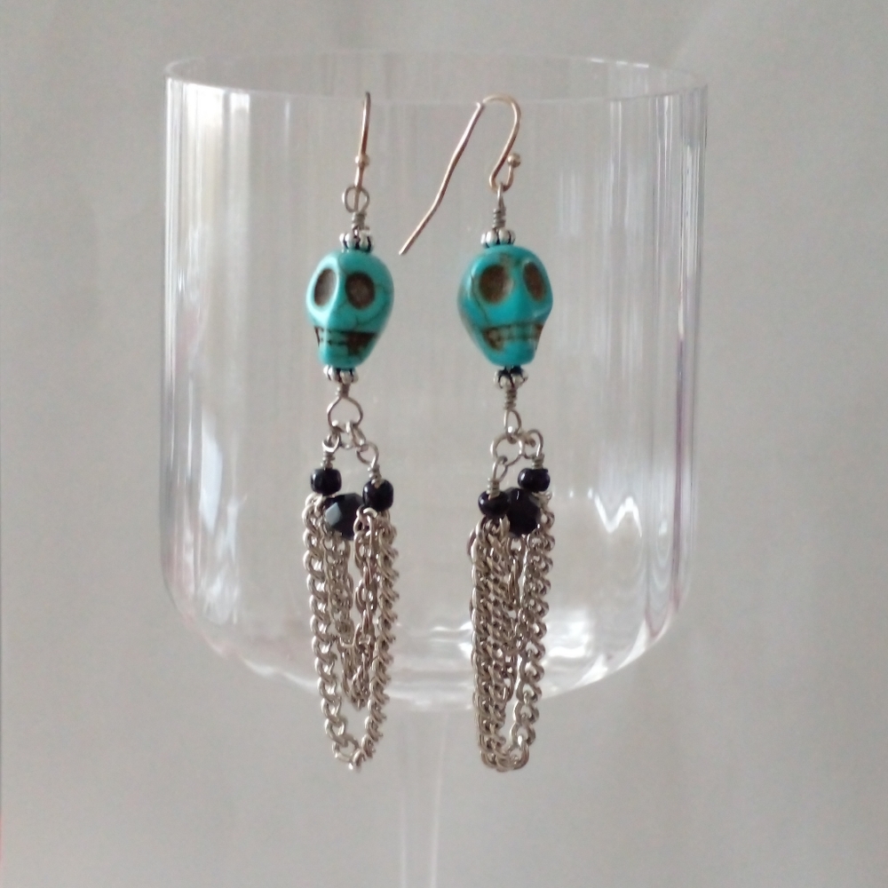 Handmade Turquoise & Black Day of the Dead Skull Dangle Earrings